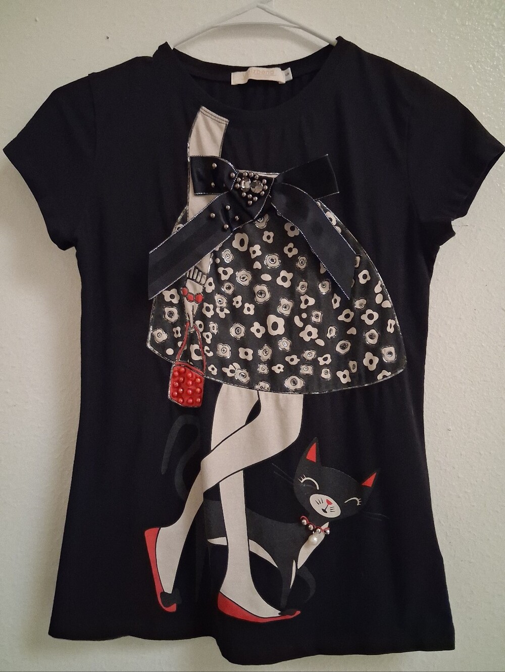 Vinizbena Black Graphic Tee Girl Cat Embellished Bow Sequins Size S